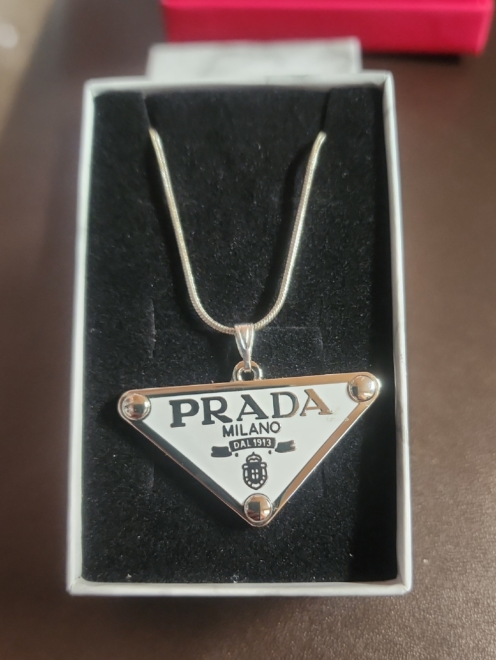 Prada White Enamel Triangle Charm W/added 22" Necklace Marked 925. Reg.# On Back